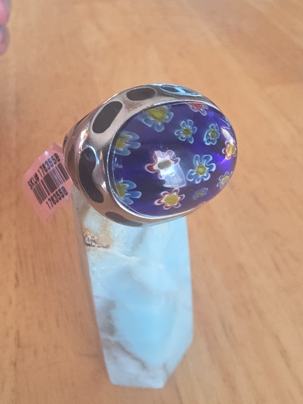 Purple Floral Murano Glass Silver Ring